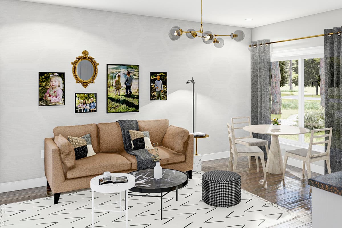 Interior rendering of a living area with a sofa, coffee tables, dining table, chairs, and decorative wall art.
