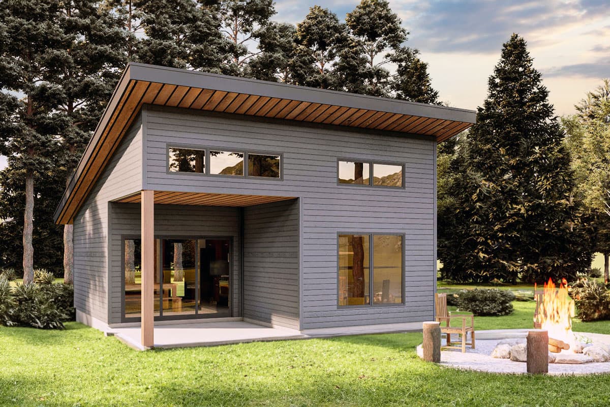 House plan exterior with a modern design. Features include a covered porch, horizontal siding, and a low-slope roof with exposed rafter tails.