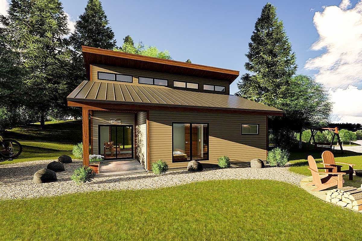 Modern house plan exterior, two stories, with a metal shed roof, wood and lap siding, and a covered entry.