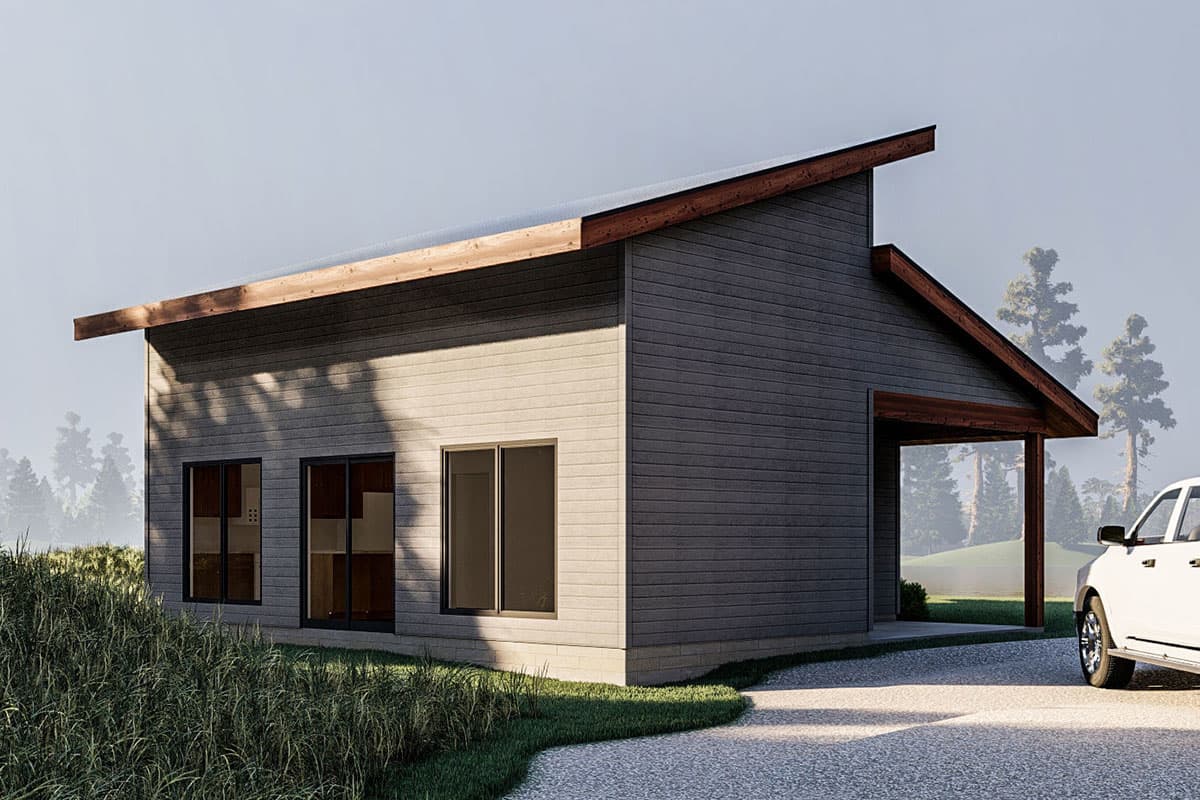 Modern house plan exterior with asymmetric gables, horizontal siding, and an open carport.