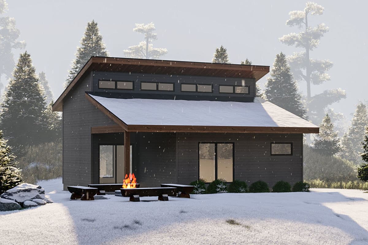 Modern house plan exterior with a cantilevered roof, clerestory windows, and a covered porch with an outdoor fireplace.