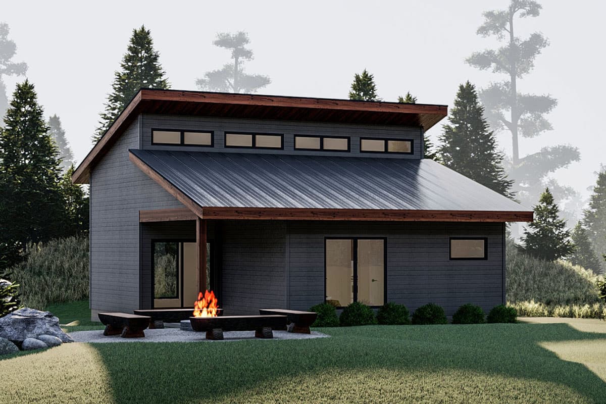 House plan exterior. Modern style, one story. Features include a shed roof, a covered entry, and clerestory windows.