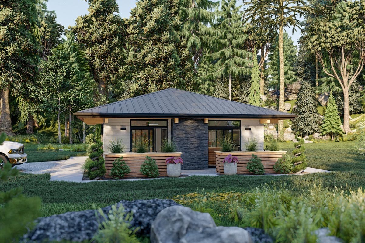 House plan exterior with modern style, featuring a low-slope roof, horizontal siding, and a wooden porch with decorative planters.