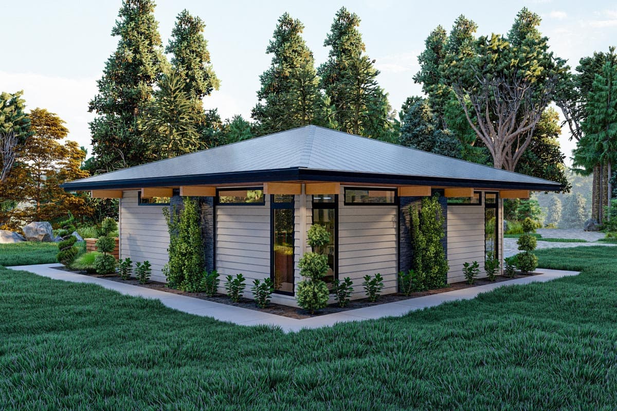 Modern house plan exterior featuring horizontal siding, stone accents, and a low-slope hip roof with wide eaves.