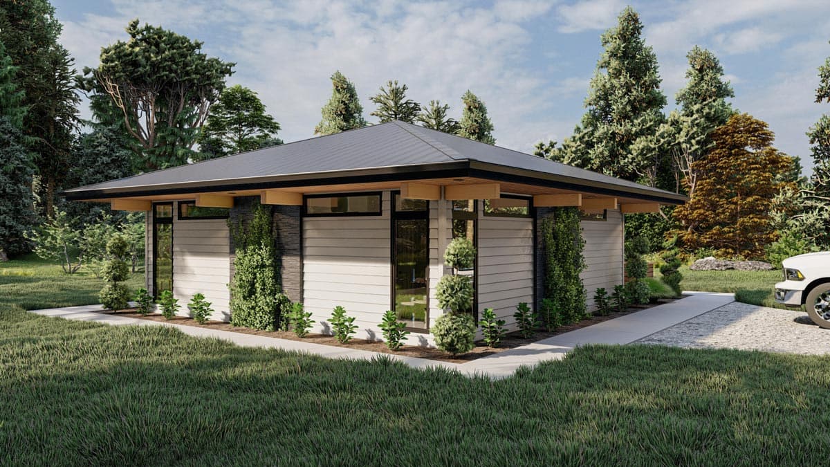 Modern house plan exterior with a low-pitched roof, horizontal siding, stone accents, and large windows.