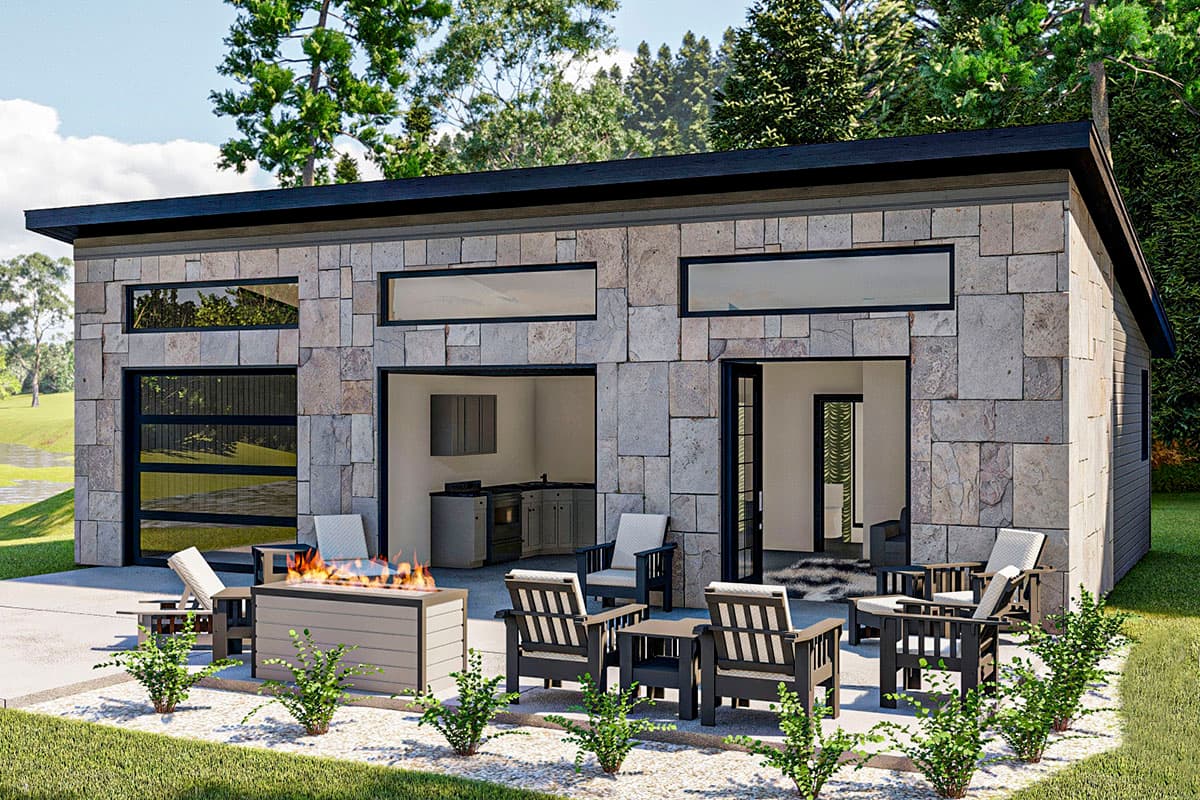 House plan exterior with modern style, stone facade, horizontal windows, and flat roof. Includes outdoor seating and patio with fire pit.