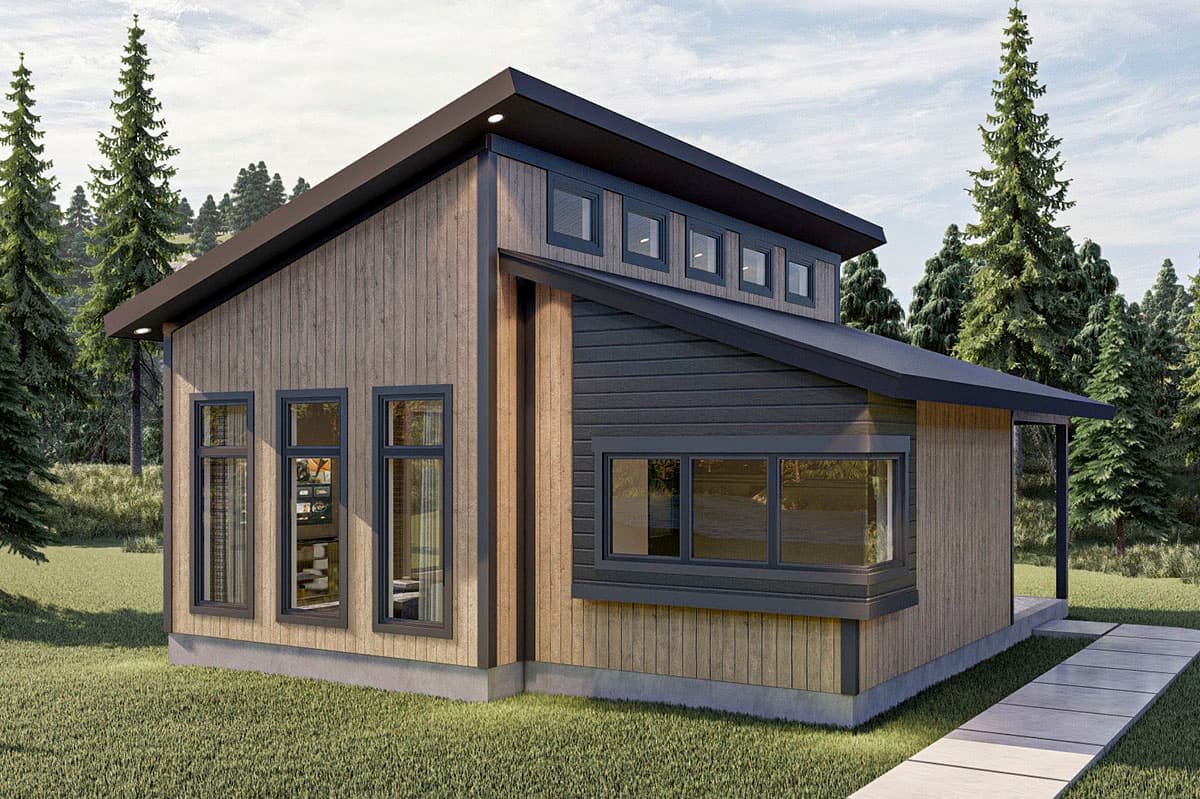 House plan exterior with modern design. Features include a low-slope roof, vertical siding, horizontal window band, and covered porch.