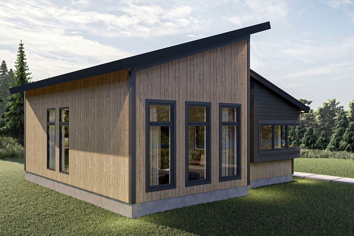 Modern house plan exterior with vertical wood siding, a low-sloped asymmetrical roof, and a large bay window.