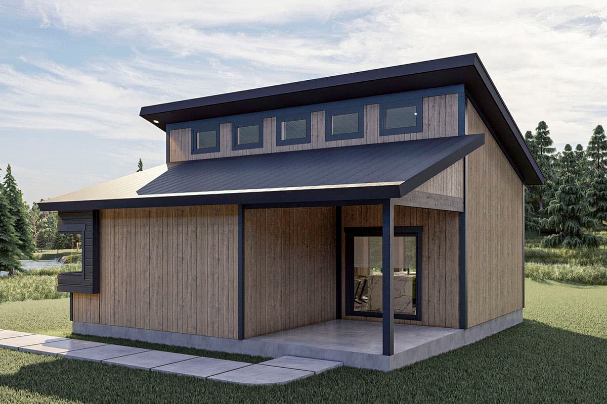 Modern house plan exterior with wood siding, metal roof, covered porch, and clerestory windows.