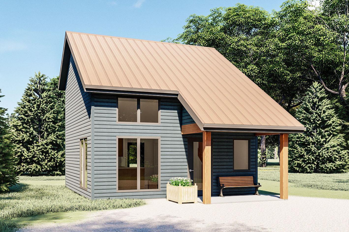 House plan exterior with two stories. Features include a gable roof, covered porch with exposed beams, and horizontal siding. Metal roof.
