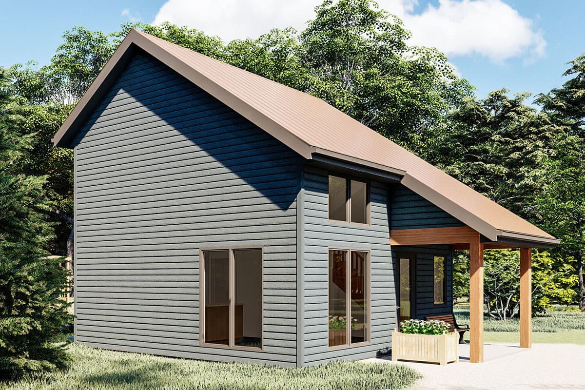House plan exterior: two-story Modern style home with horizontal siding, large windows, and a covered porch with wooden posts.