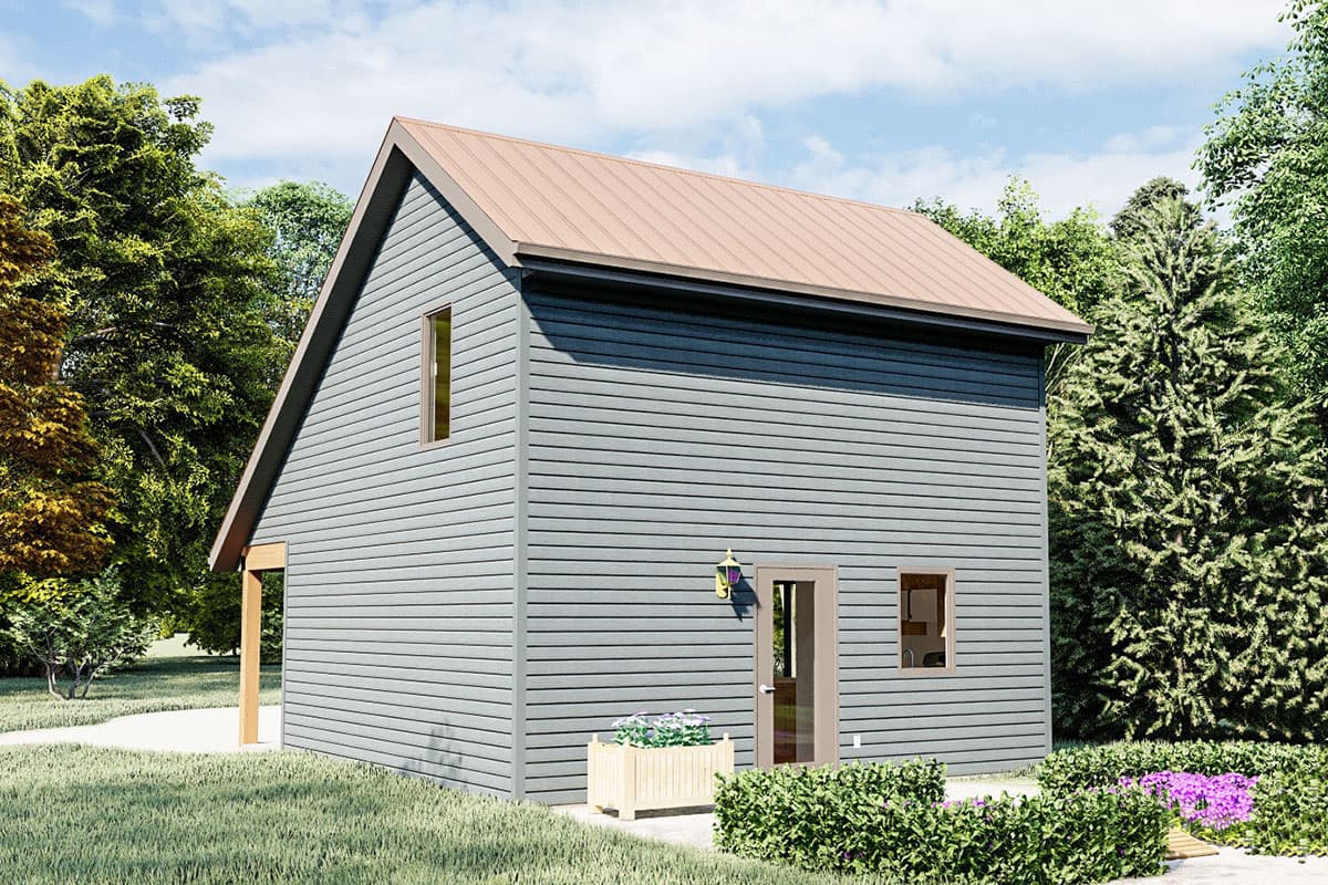 House plan exterior view of a two-story home with horizontal siding, a prominent gable roof, and minimal windows.