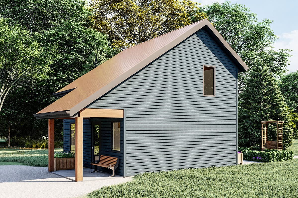 House plan exterior: Modern gabled structure with dark siding, wood-framed porch, and a single upper-level window.