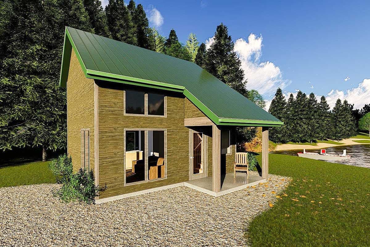 House plan exterior: two-story modern cabin with green metal roof, wood siding, large windows, and covered front porch.