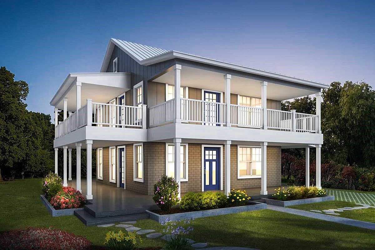 House plan exterior view, two-story home with a porch, gables, and a metal roof. Features include a wrap-around balcony with railing.