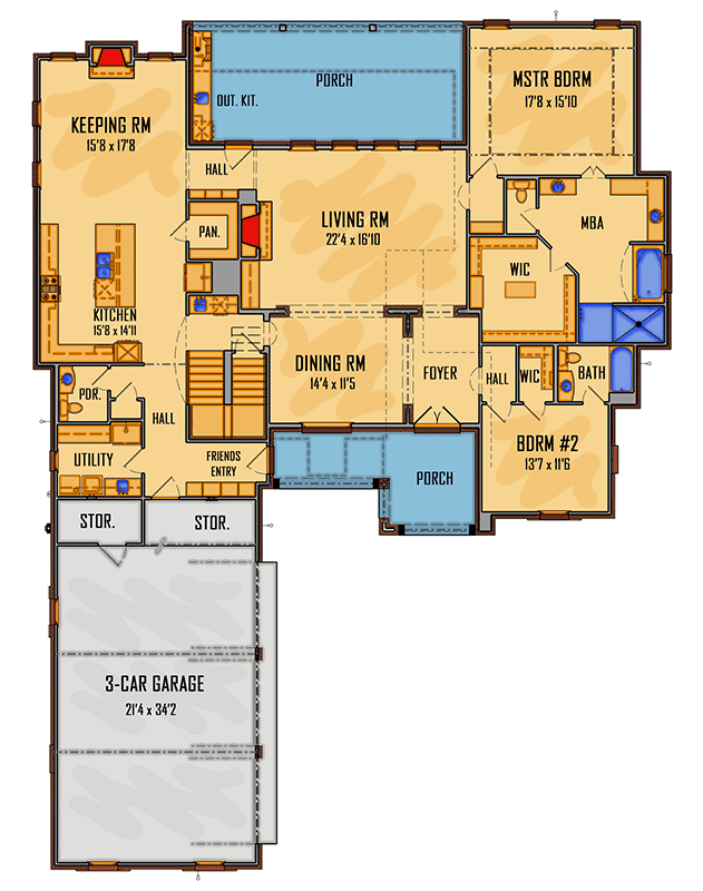 Plan 510014WDY: 4 Bed French Country with Optional 5th Bedroom - Floor Plan - Main Level - Acadian, European, French Country, Louisiana-Style, Southern, Traditional