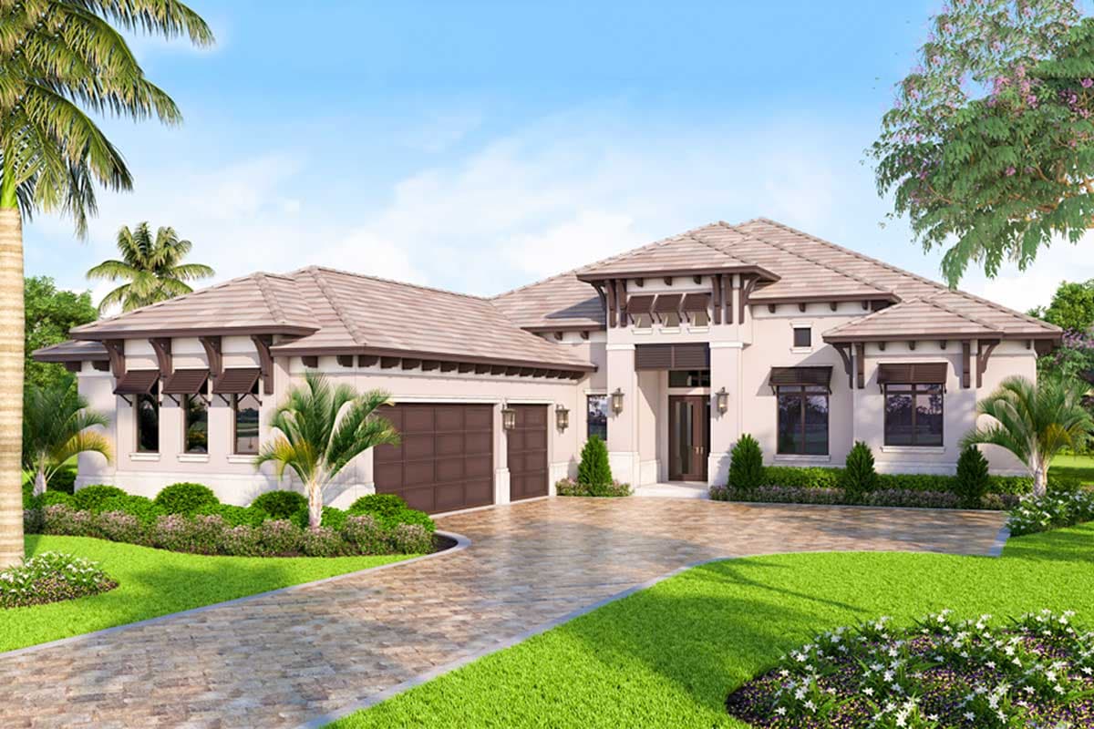 House plan exterior of a single-story home with a hip roof, attached garage, covered entryway with decorative brackets, and decorative window awnings.