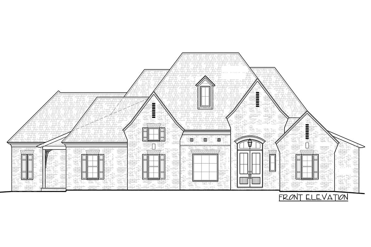 Front elevation drawing of a brick house plan with multiple gables, dormer window, arched entryway, and varied rooflines.