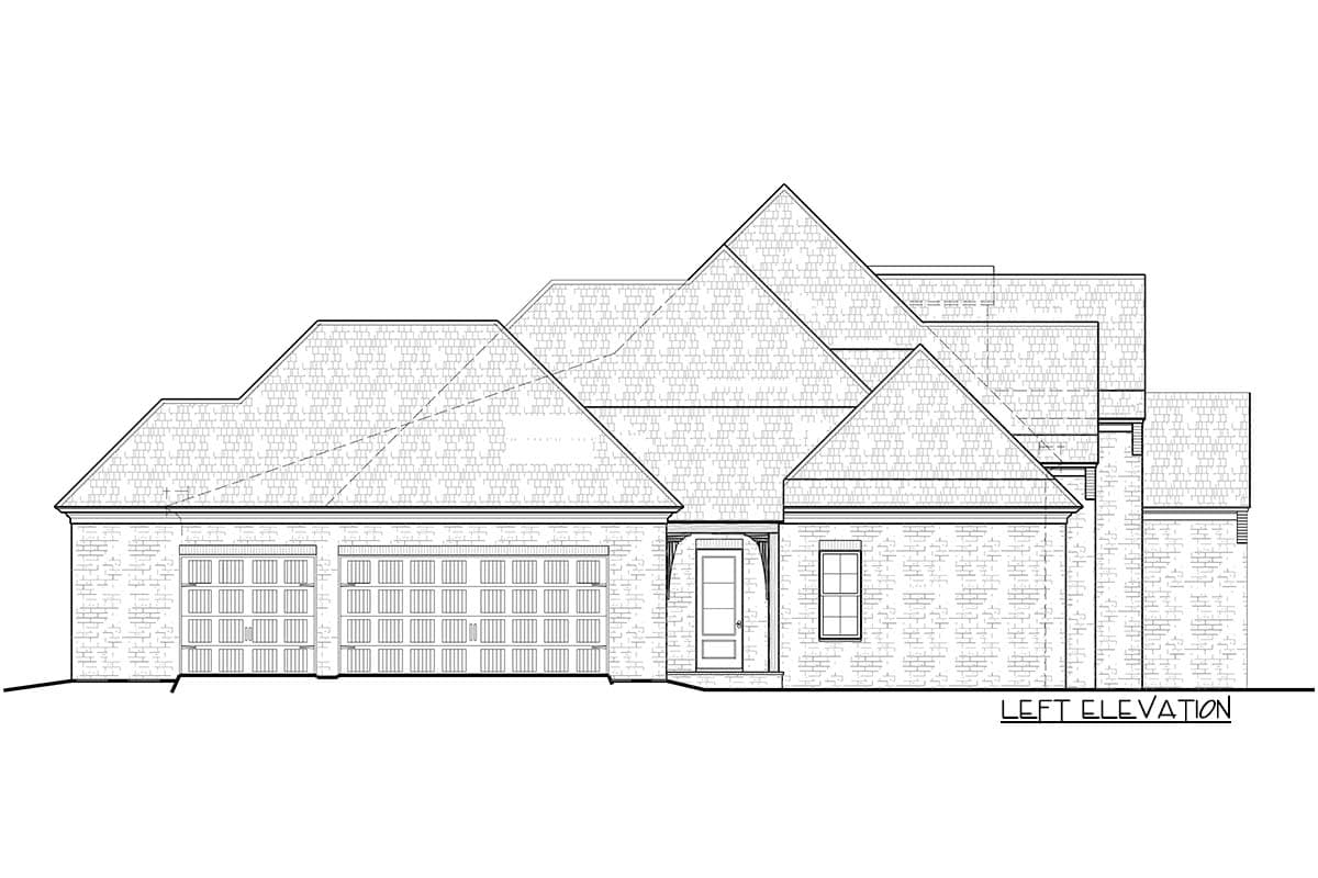 Left elevation house plan with brick exterior, varied rooflines, double garage doors, and covered entry.