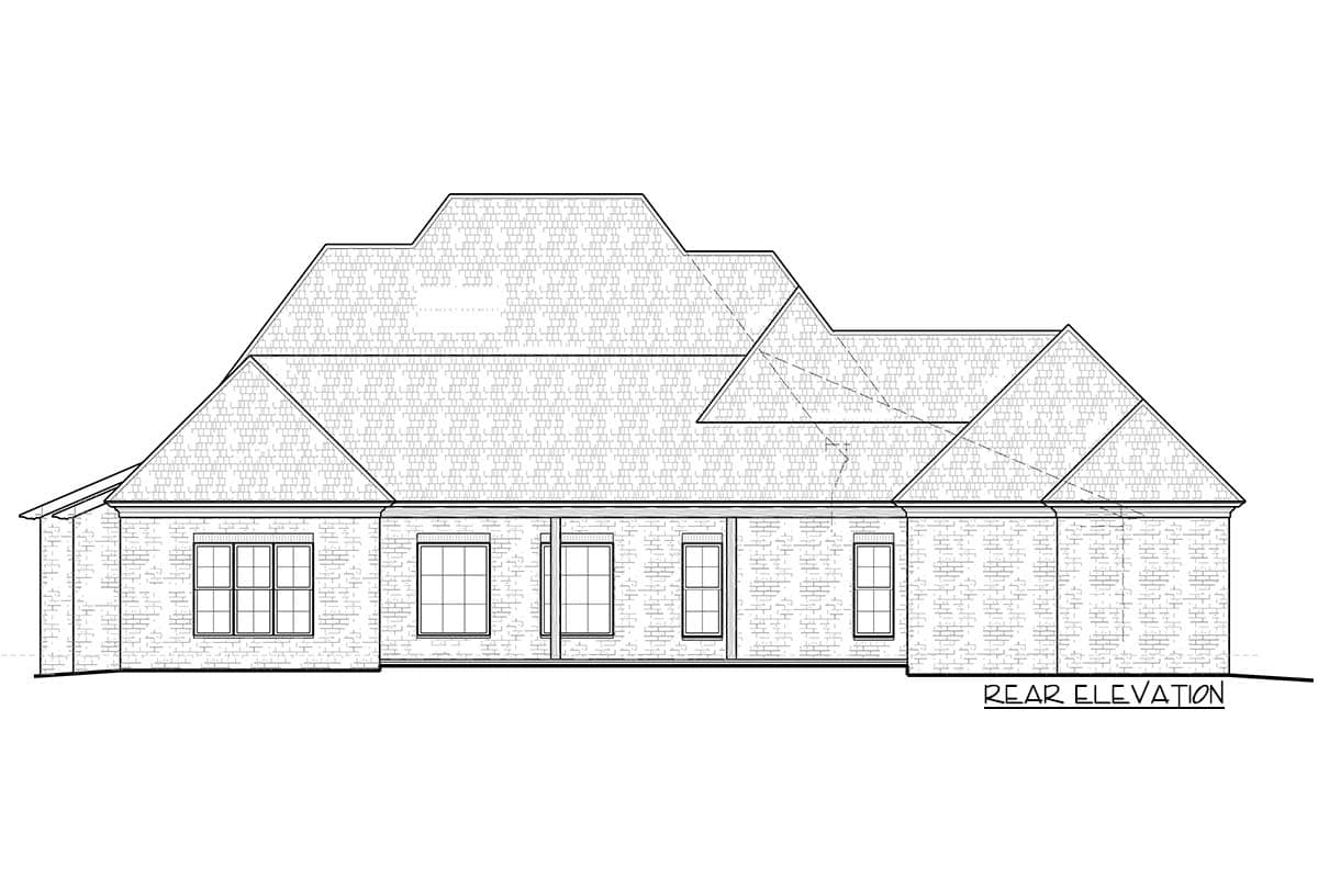 Rear elevation drawing of a single-story house with a brick exterior, hip roof, and multiple gables.