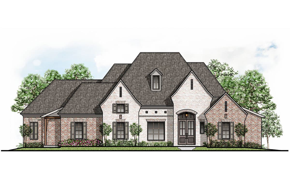 House plan exterior: French Provincial style, two stories, brick and white brick facade, arched entryway, dormer window.