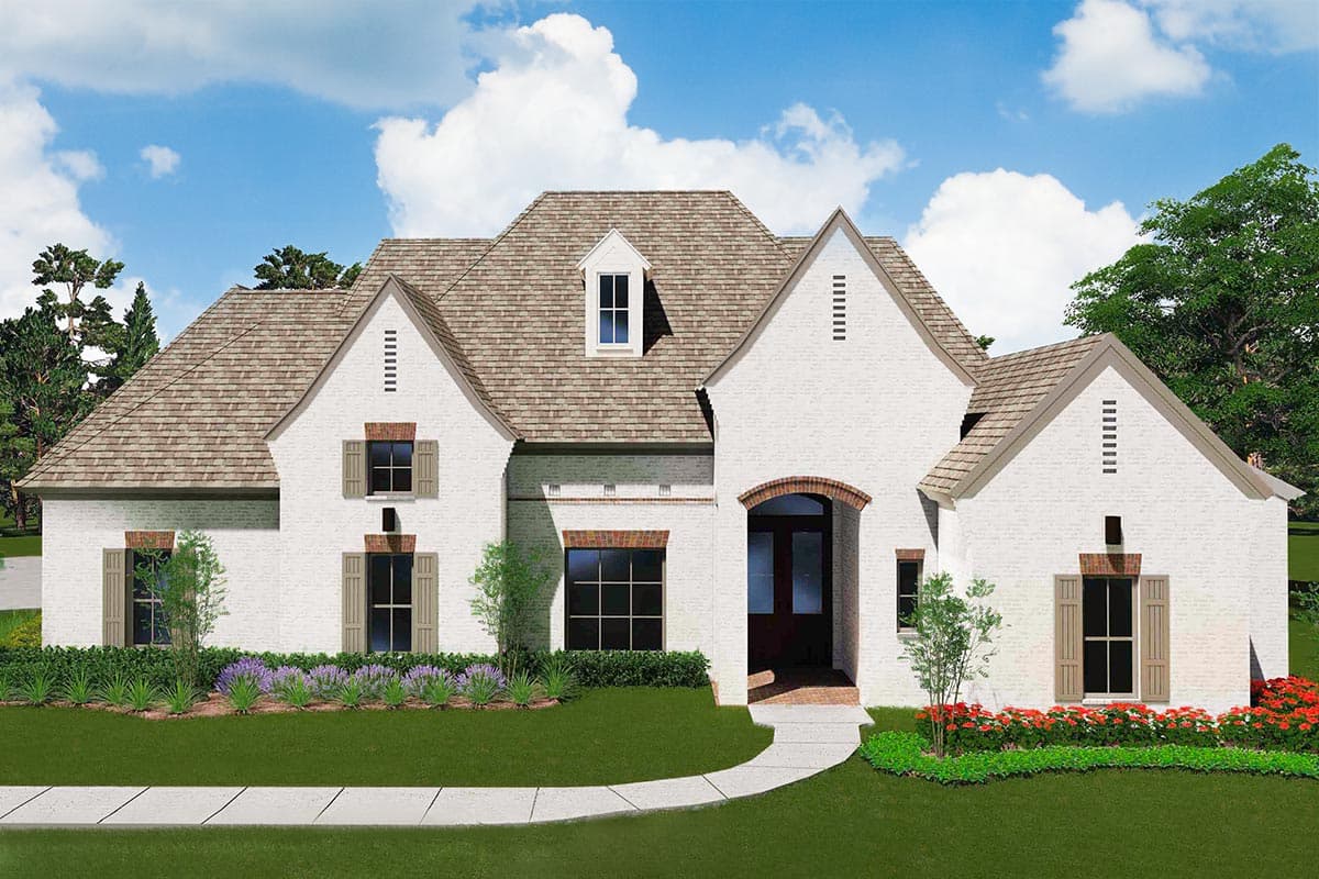House plan exterior. Two-story, brick facade, gabled roof, arched entryway, and dormer window. Shutters on windows.