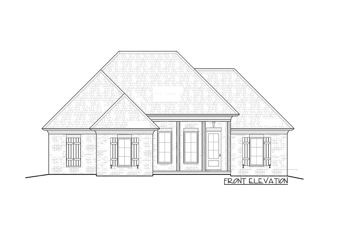 Front elevation house plan with brick exterior, multi-level roofline, portico, and shuttered windows.