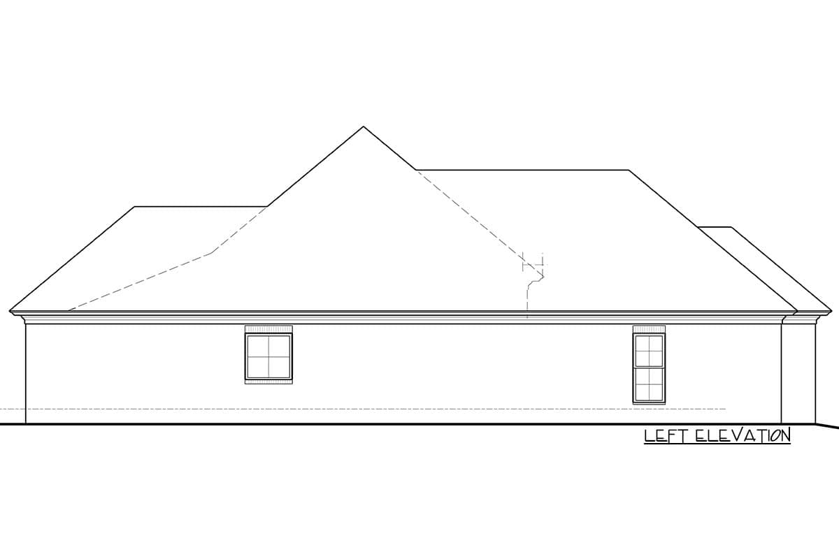Left elevation of a house plan showing a hipped roofline, two windows, and detailed eaves.