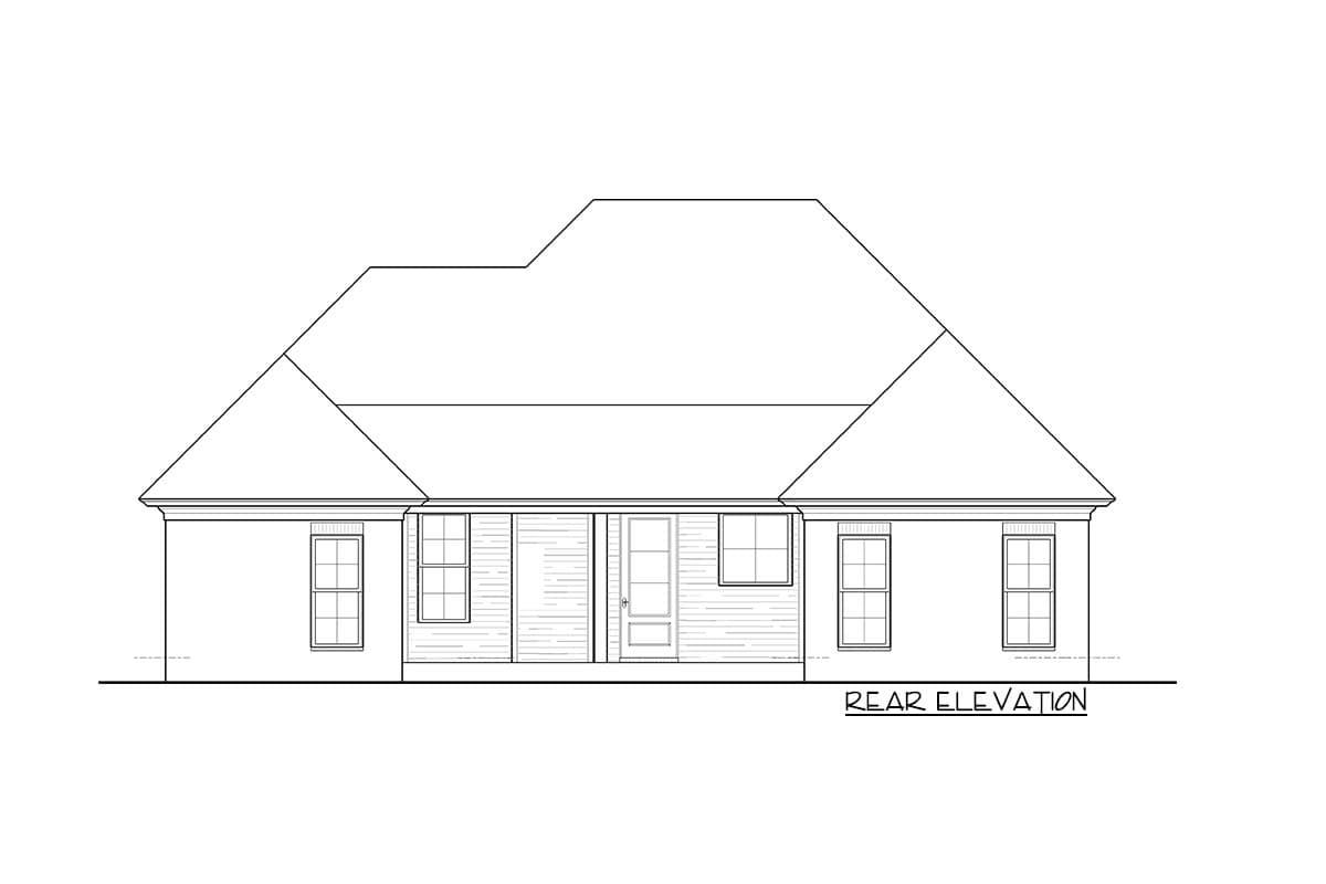 Rear elevation drawing of a one-story house plan with a central door, two windows, and a large hip roof.