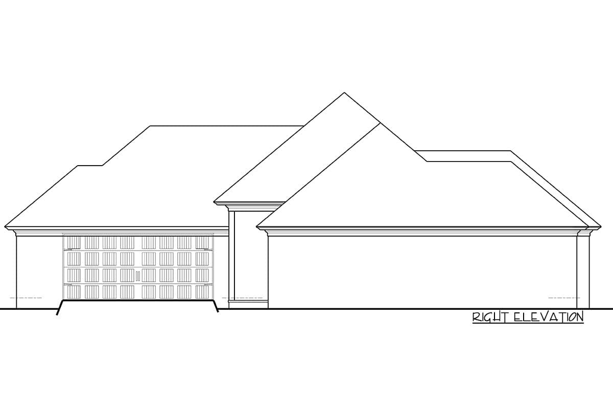 Right elevation of a house plan featuring a multi-section garage door and varied rooflines.