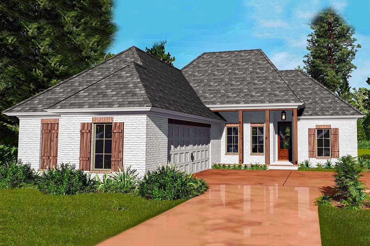 House plan exterior. One-story home with a brick facade, gable roof, covered porch, and attached garage. Includes decorative shutters.