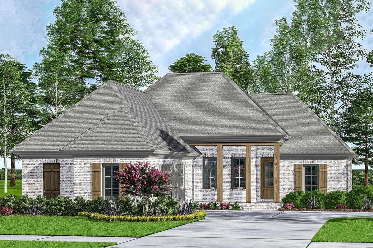 House plan exterior of a one-story brick home with a hip roof, exposed wood beams, and shuttered windows.