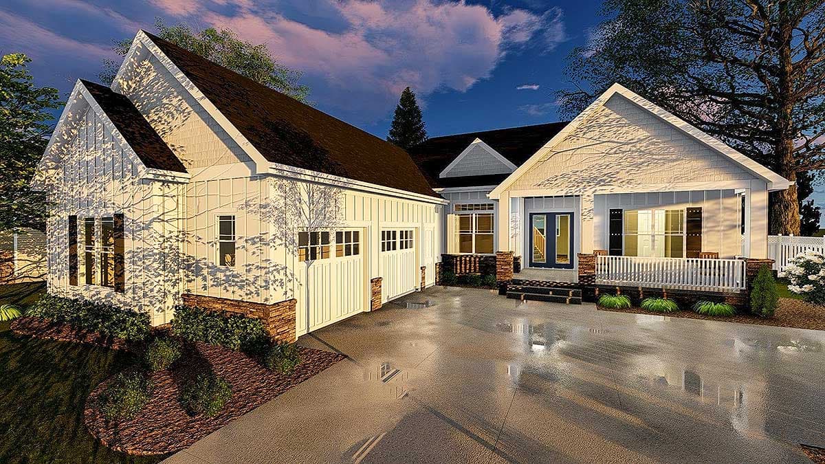 Modern Farmhouse house plan exterior with board and batten siding, gables, attached garage, and covered porch.