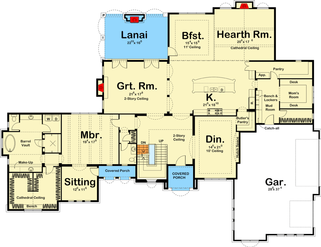 Plan 62711DJ: House Plan With European Styling and 2-Story Great Room - Floor Plan - Main Level - European, Mediterranean