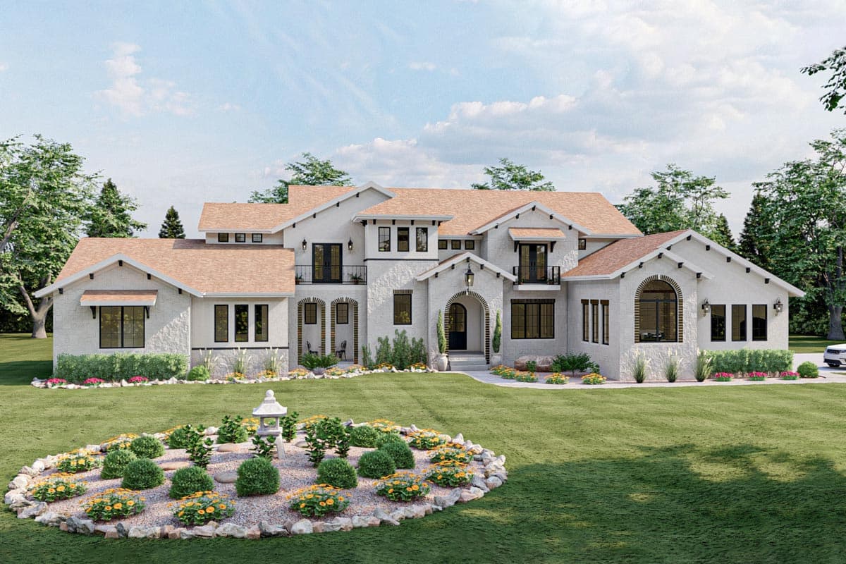 House plan exterior. Two-story, stucco facade, multi-gabled roof, arched entryway, and Juliet balconies. Landscaped front yard.