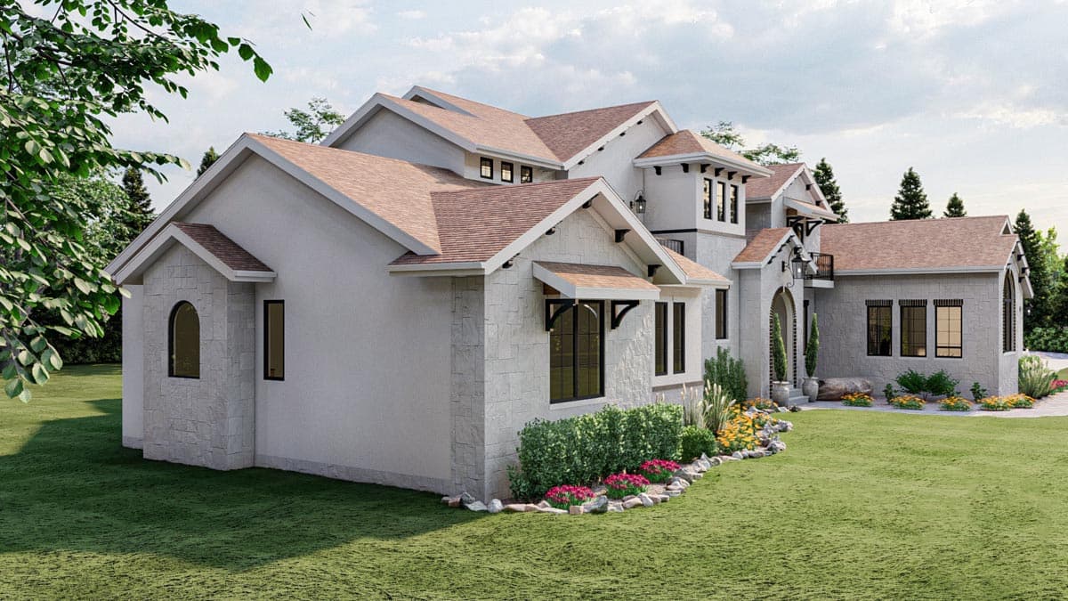 House plan exterior with stone accents, multiple gables, arched entry, and varied rooflines.