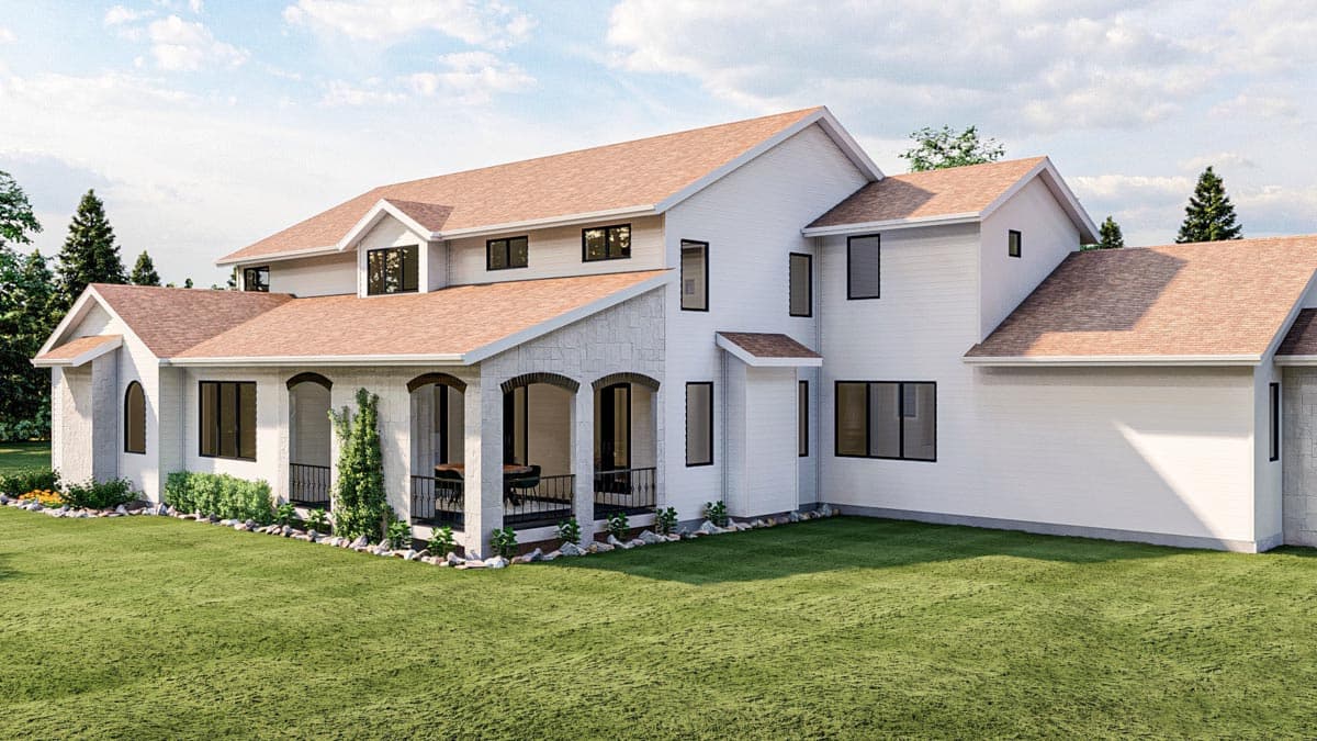 House plan exterior: Two-story modern farmhouse with arched porch, white siding, stone accents, and gable rooflines.