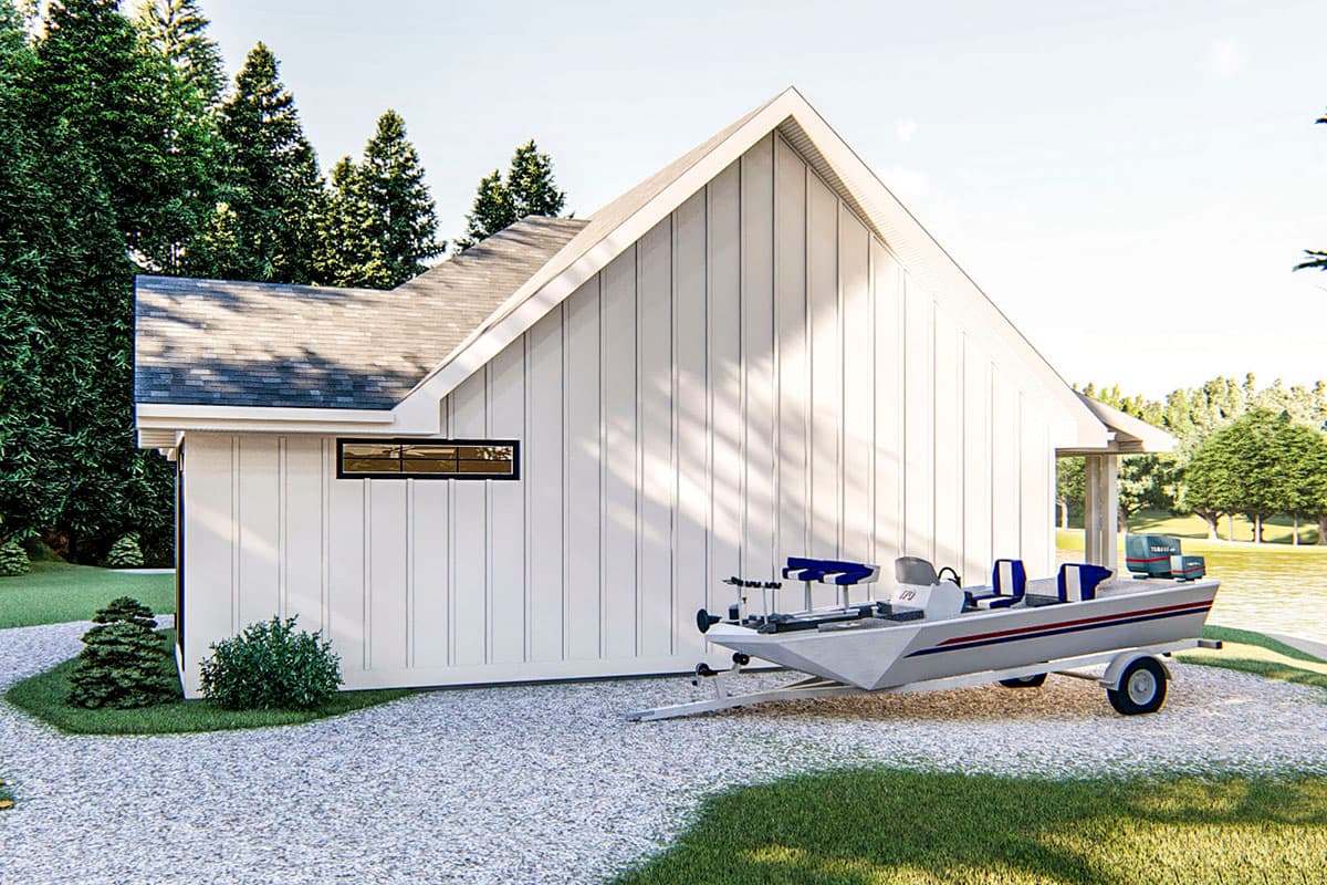 Modern house plan exterior with vertical siding, gabled roof, and horizontal window.