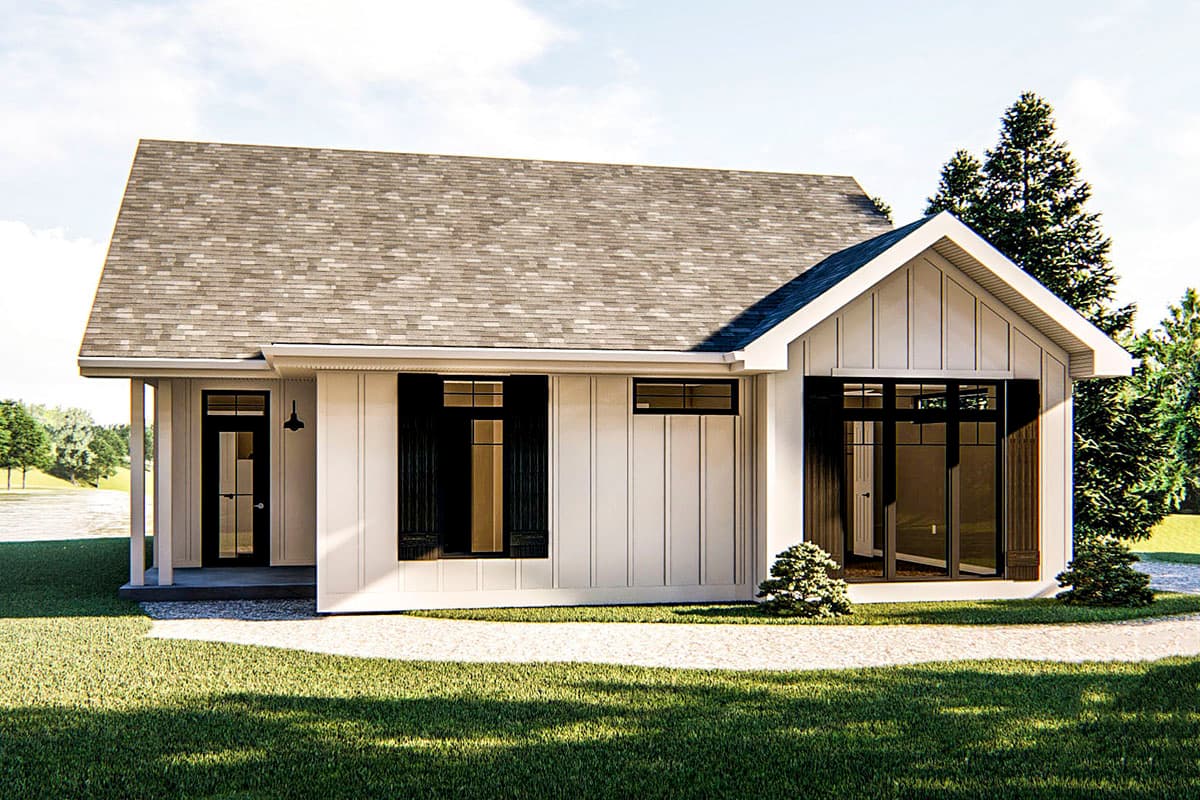 Modern Farmhouse house plan exterior, one story, white board and batten siding, gable roof, porch, dark windows.