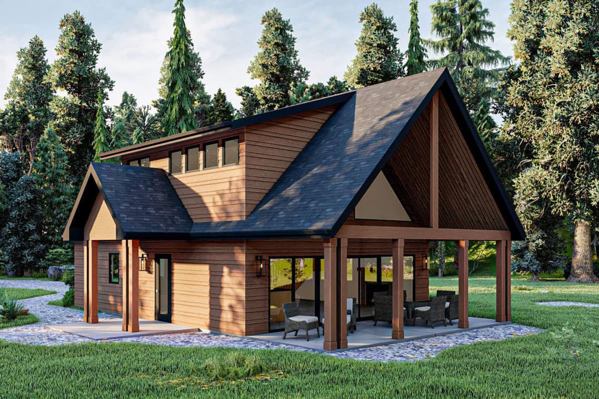 House plan exterior. Two-story home with a gabled roof, a covered porch, and a large triangular window above the porch.