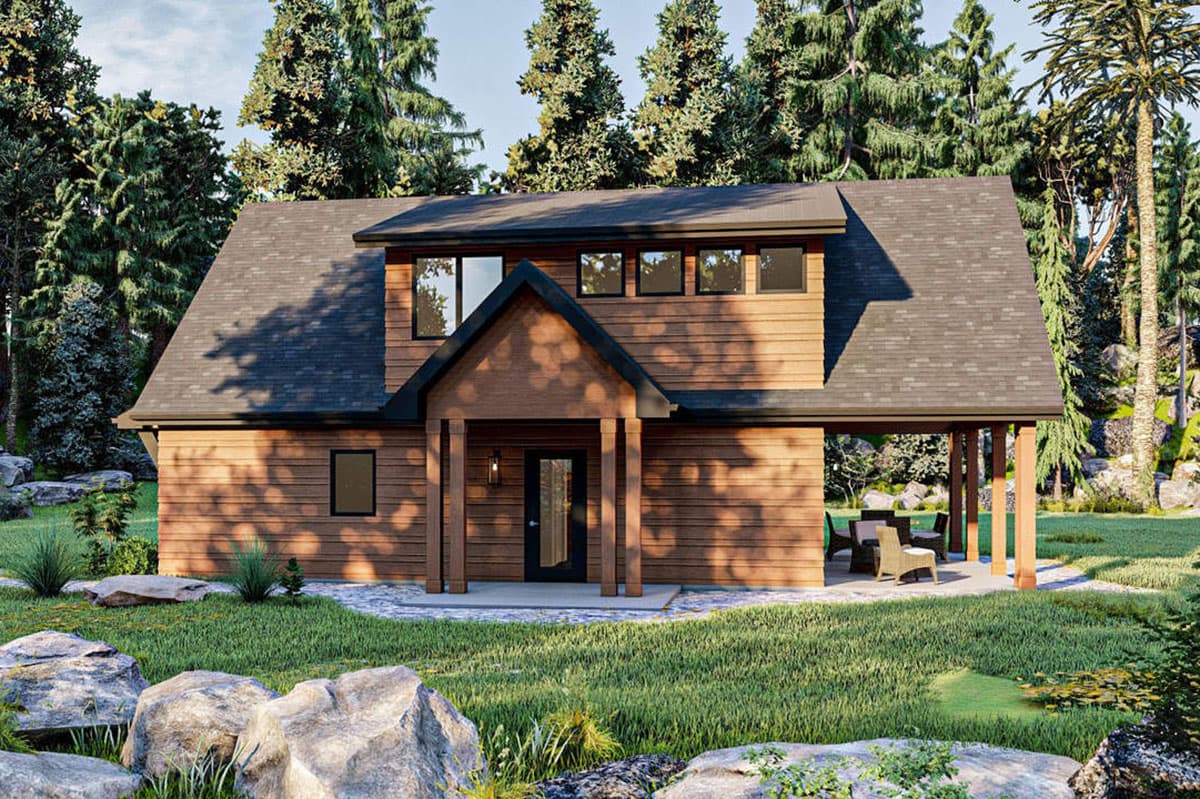 House plan exterior, two stories, wood siding, prominent gable over entry, covered patio with seating.