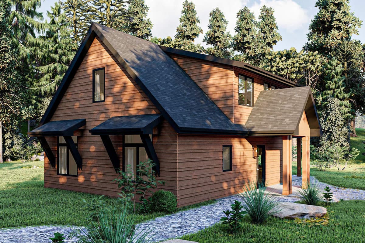 House plan exterior: Modern style, two stories, wood siding, prominent gables, and covered entry with wood columns.