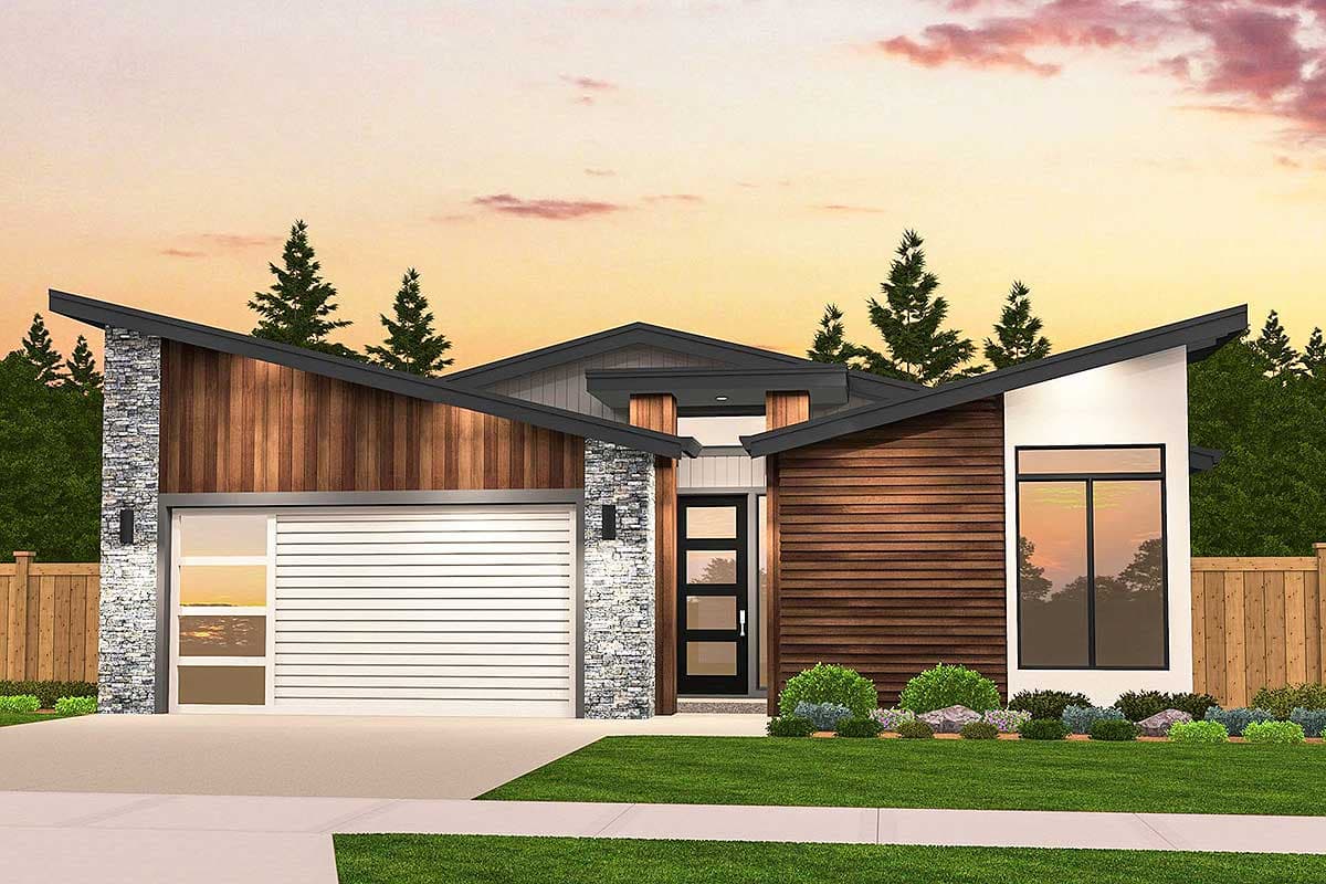 House plan exterior. Modern style with low-slope roof, wood siding, and stone accents. Features a garage and large window.