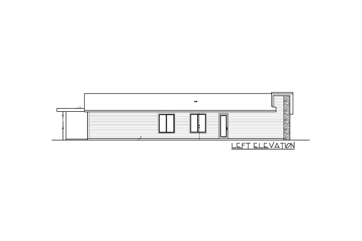 Left elevation of a house plan showing horizontal siding, two windows, a door, and a stone chimney detail.