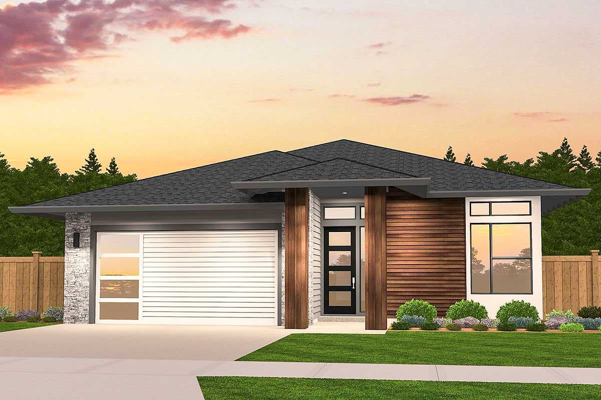 House plan exterior. Modern style, single-story home with a flat roof, prominent front door, and horizontal siding on the facade.