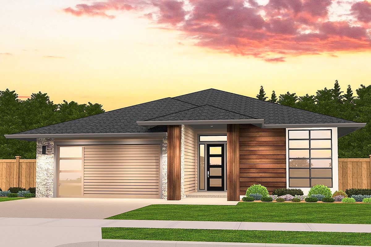 House plan exterior with a modern design. Features include a single-story structure, shed roof, integrated garage, and a wood-clad accent wall.