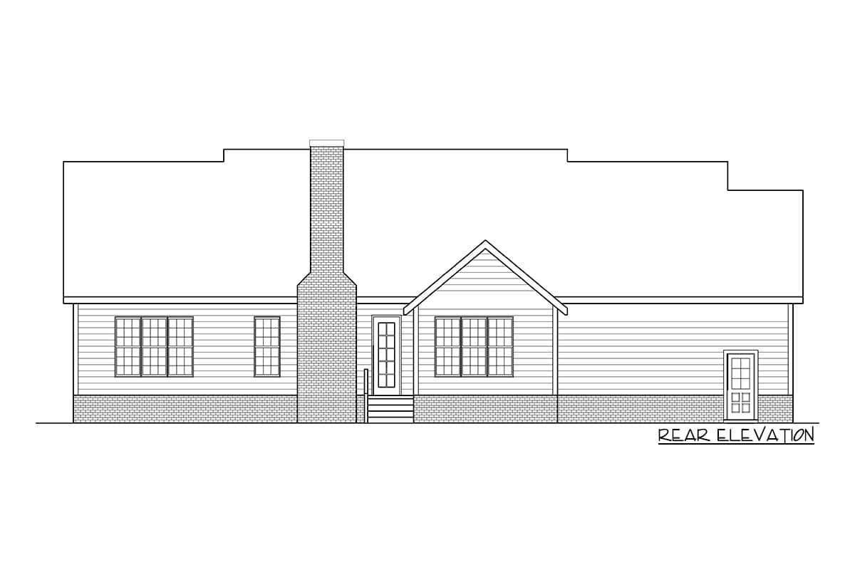 Rear elevation of a house plan showing a brick chimney, gabled roof section, and multiple windows.