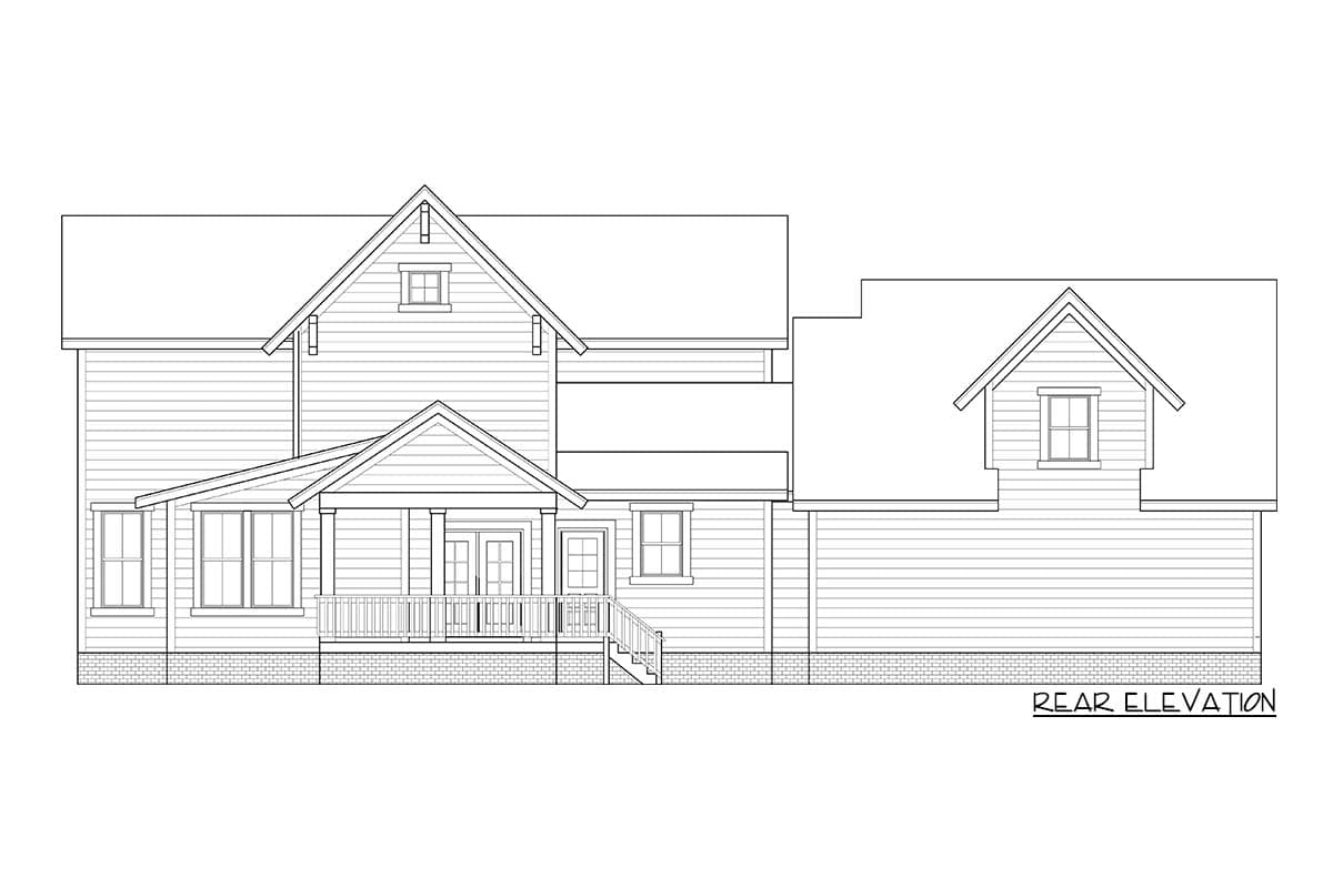 Rear elevation of a two-story house plan featuring a covered porch, gables, and a dormer.