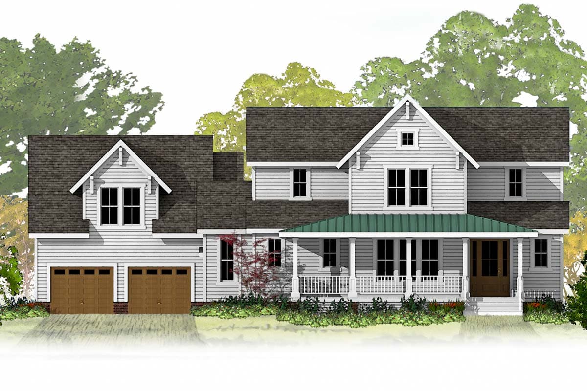 House plan exterior featuring a two-story Modern Farmhouse style with a gabled dormer, wraparound porch, and attached three-car garage.