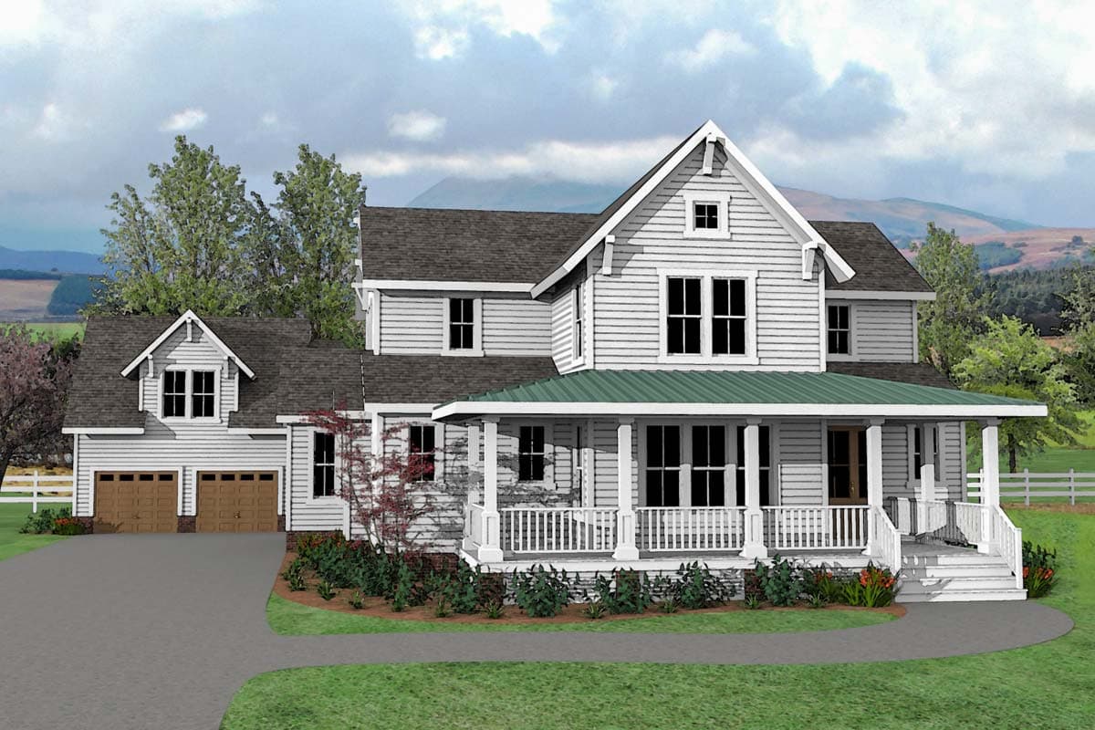 House plan exterior with Craftsman style, two stories, front porch, gables, and attached garage. Features dark roof and white siding.